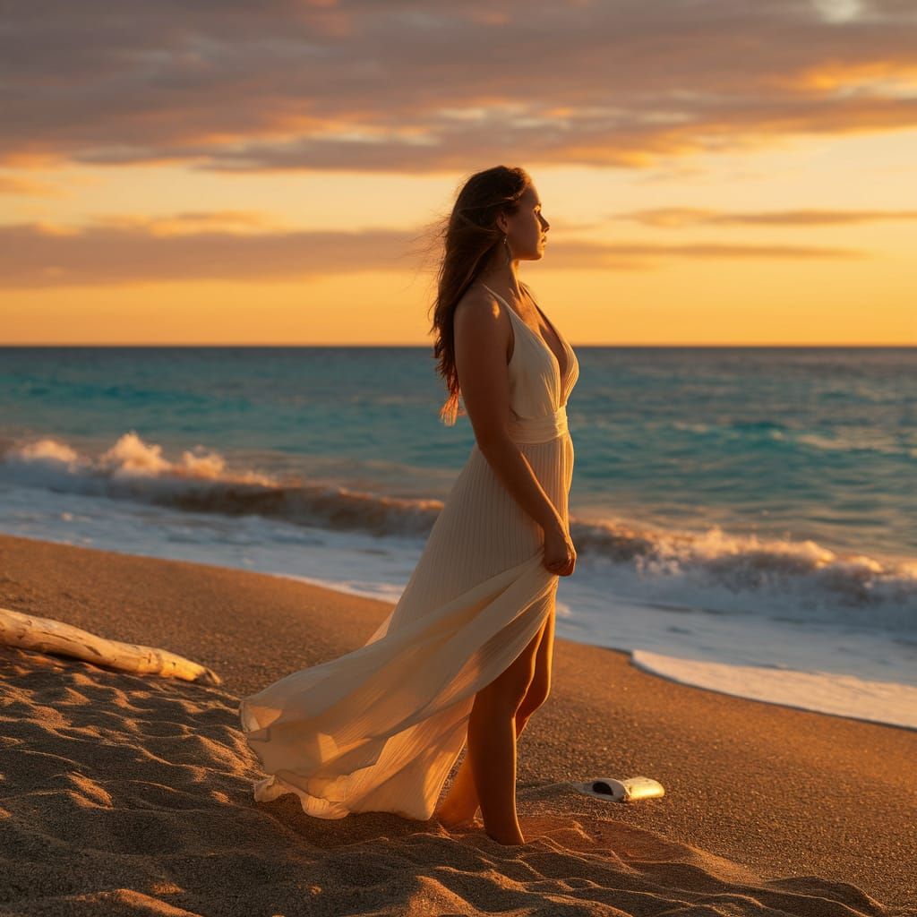 Woman in Flowing Dress at Golden Hour Beach