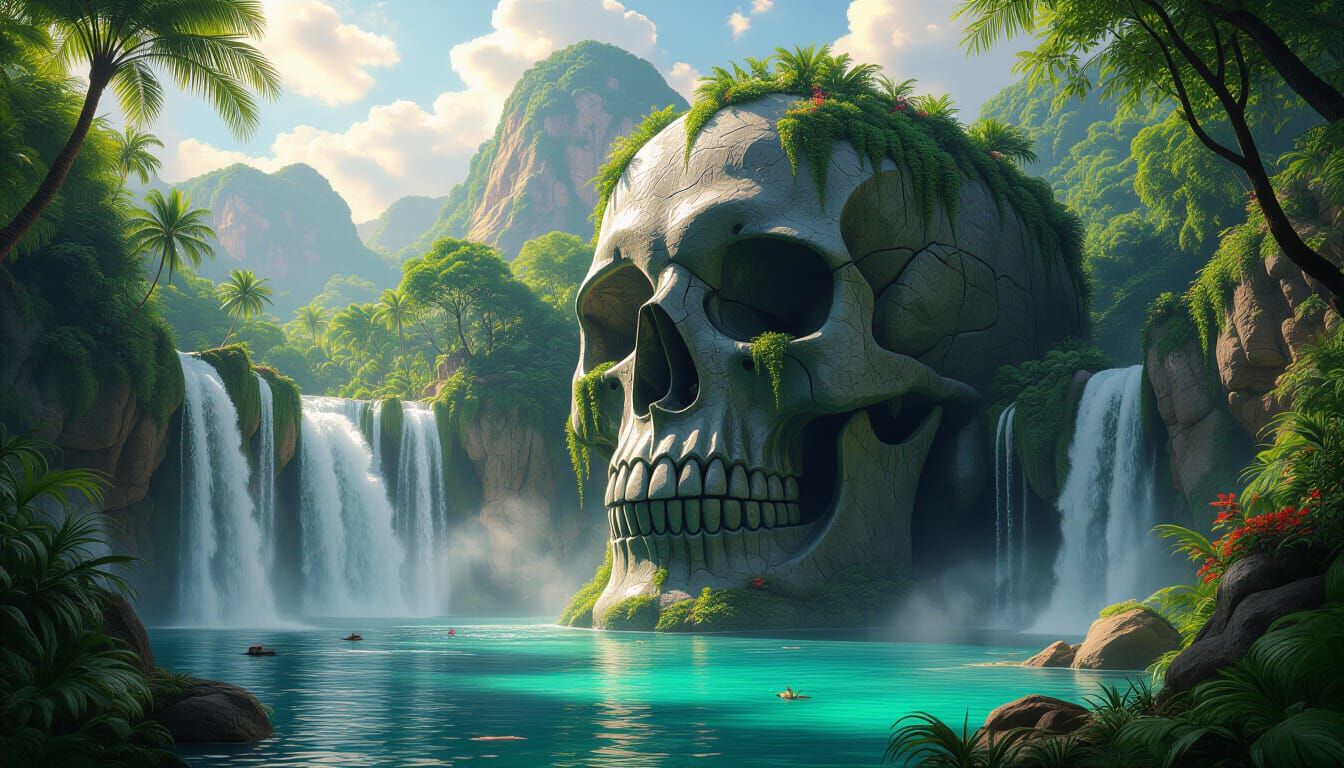 Ancient Skull Island Paradise with Waterfalls