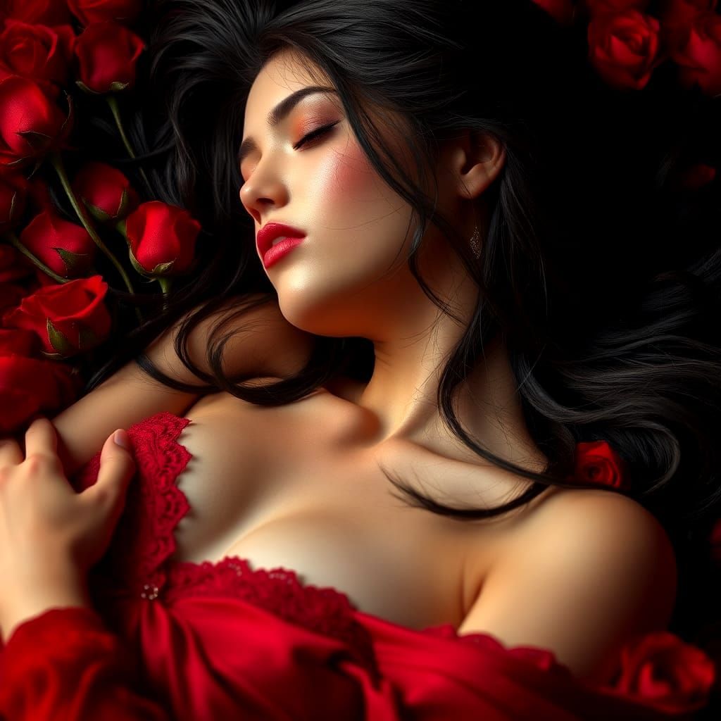 Elegant Woman Sleeping on a Bed of Roses