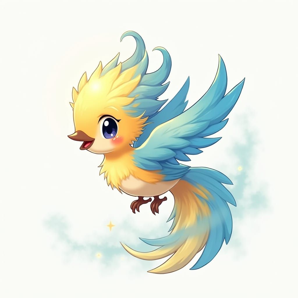 Anime Baby Phoenix with Blue and Yellow Feathers