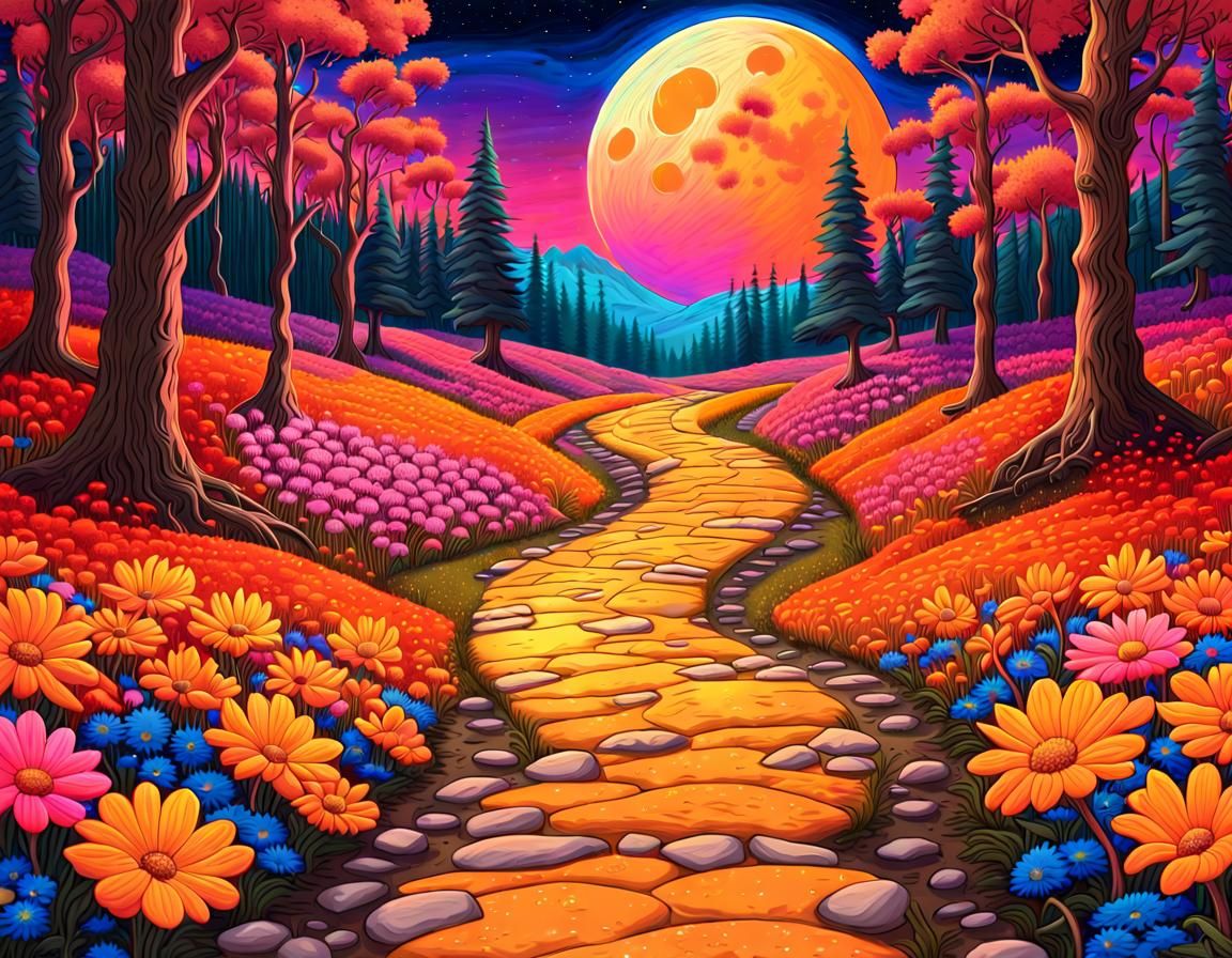 Psychedelic Pathway Through Flower Field in Moonlight