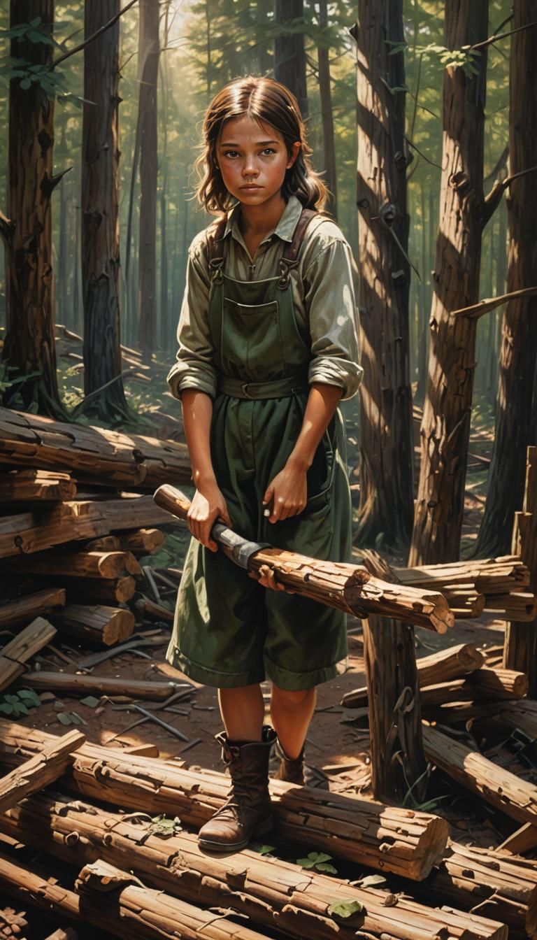 Girl Building Log Cabin in Forest, Earthy Illustration