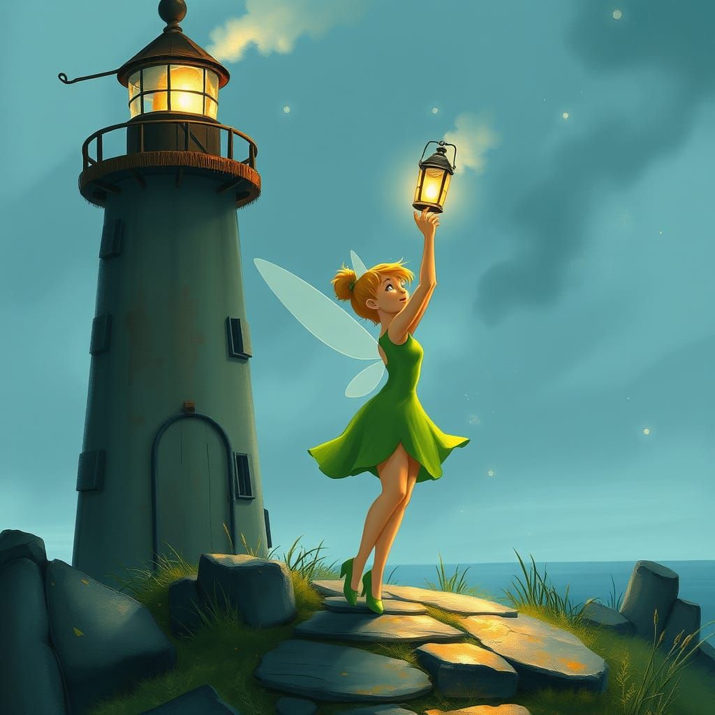 Tinkerbell Lights a Fantasy Lighthouse, Dreamy Illustration