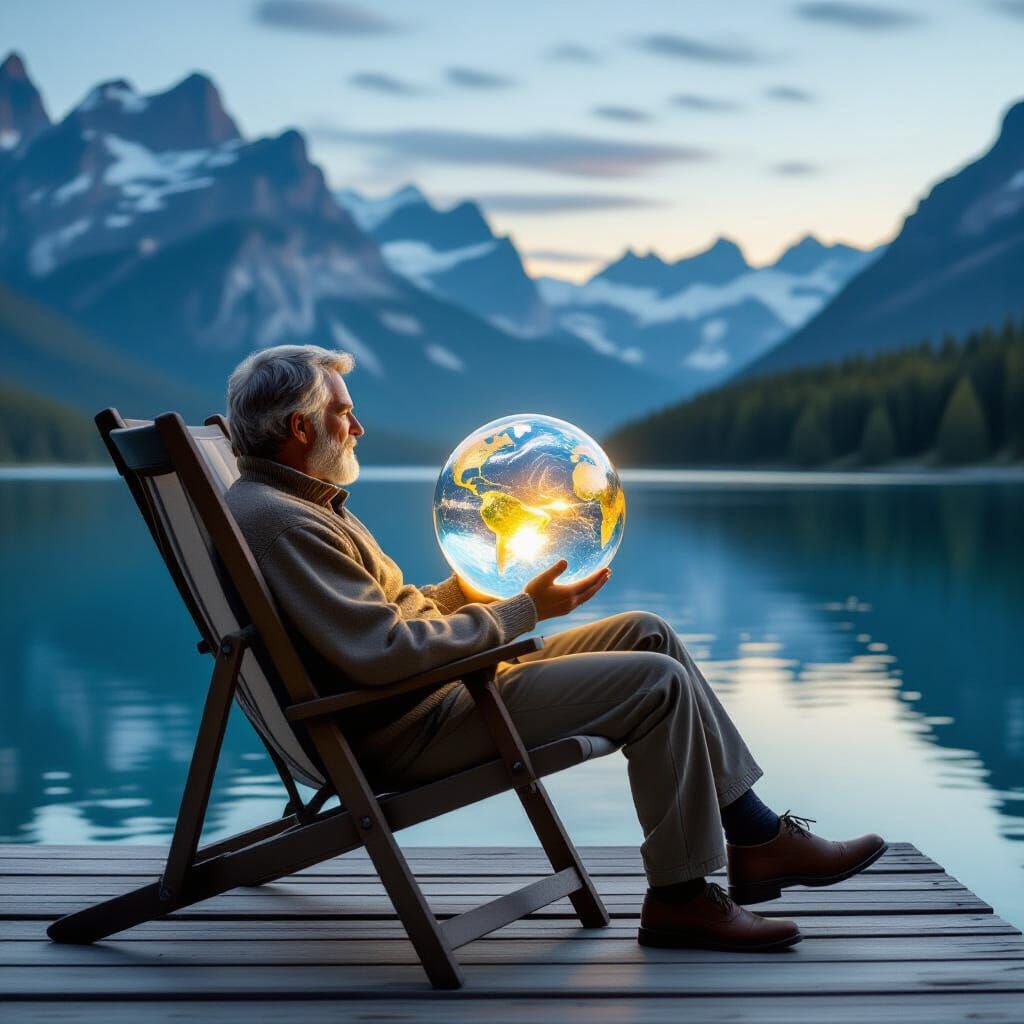Man with Luminous Sphere Overlooking Lake, Digital Art