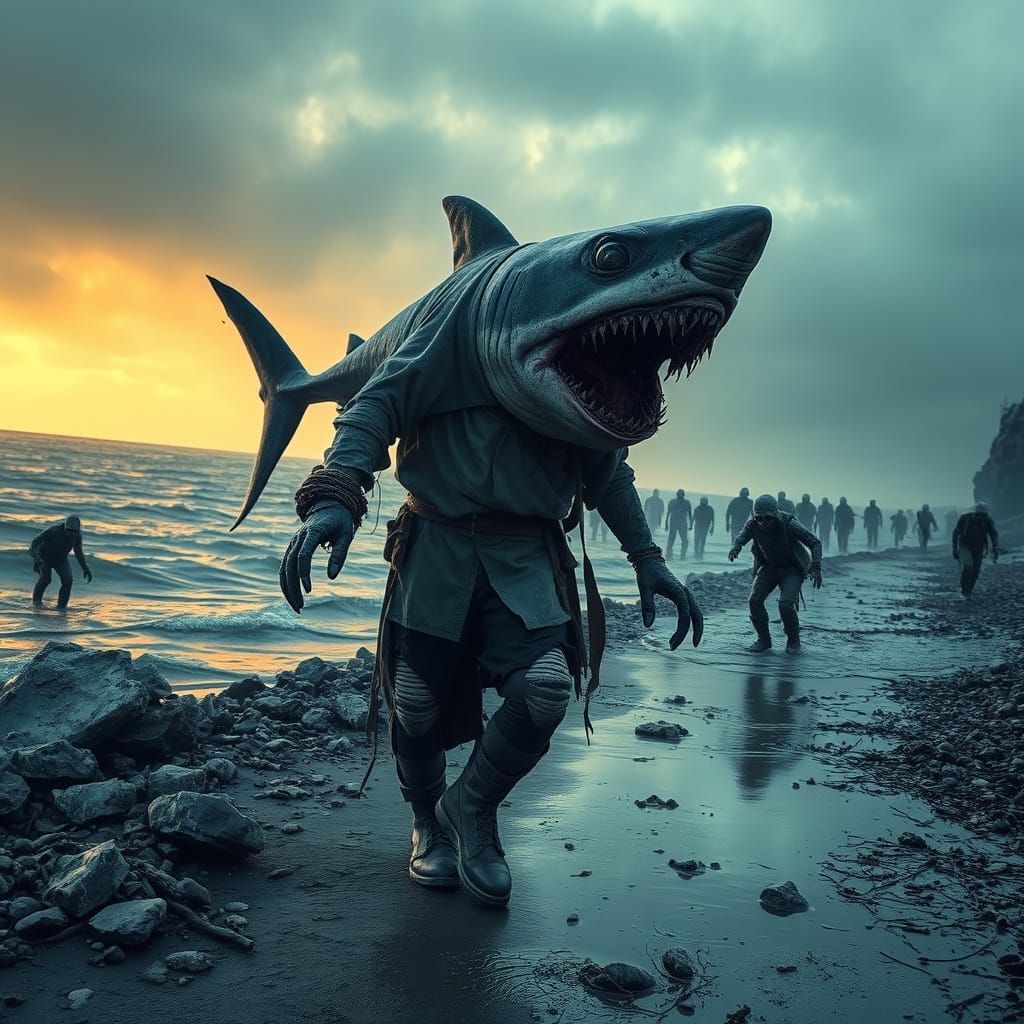 Mutant Zombie Shark Walks Apocalyptic Shore