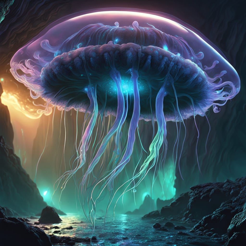 Surreal Iridescent Jellyfish in a Dark Ocean Cave