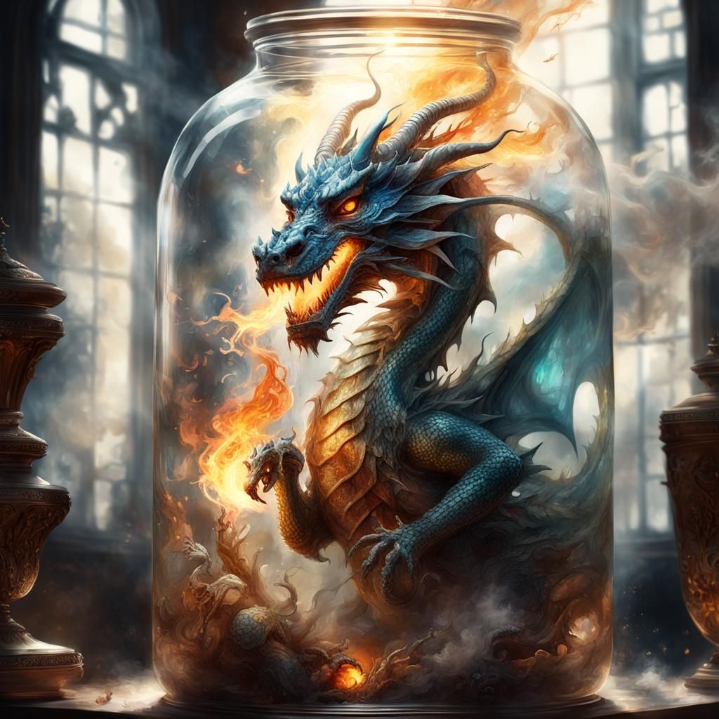 Luminous Dragon Contained: Digital Watercolor Art