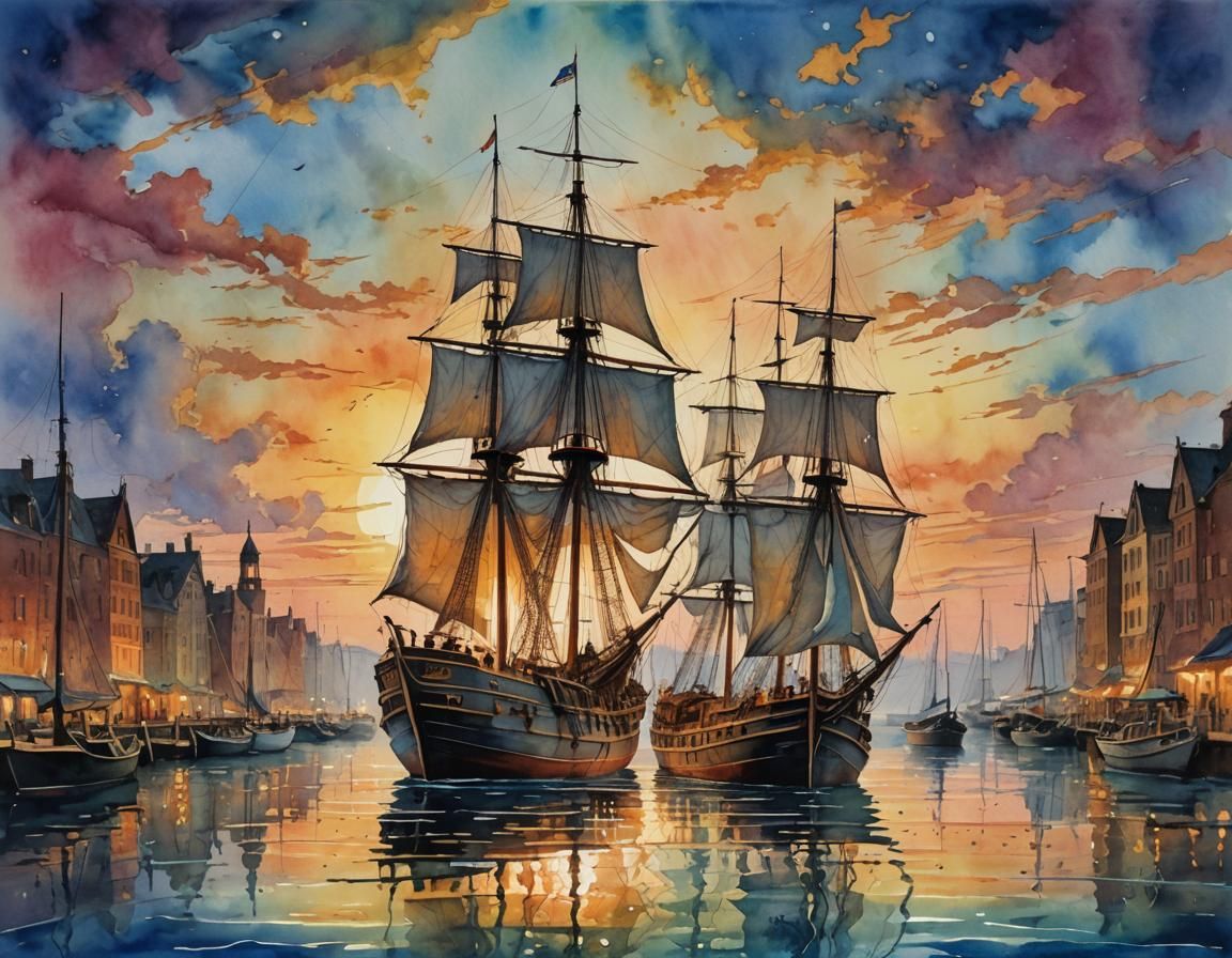 Watercolor Boat at Sunset in Golden Hour