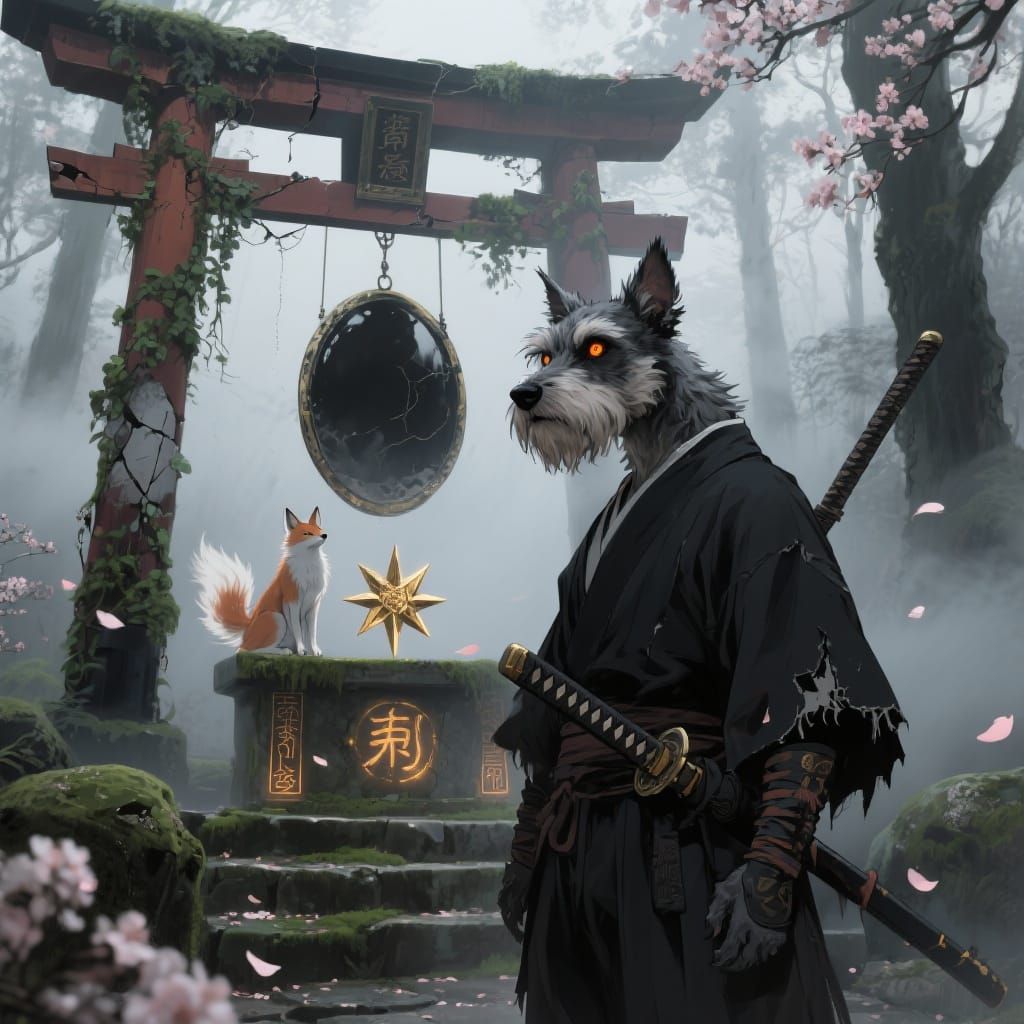 Schnauzer Ninja Ronin in Foggy Shrine, Manga Style