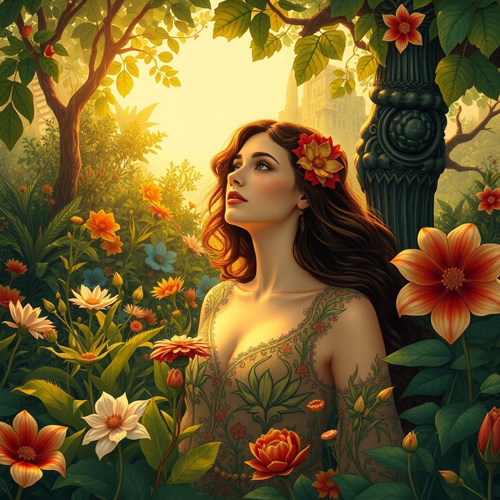 Woman in Lush Landscape in Art Nouveau Style