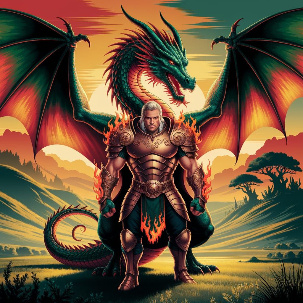 Majestic Dragon and Warrior in Sunset Landscape