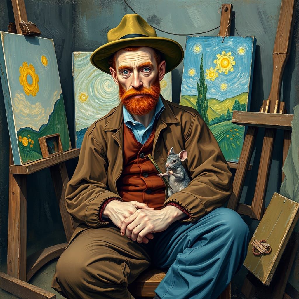 Van Gogh and Mouse in Cozy Post-Impressionist Studio