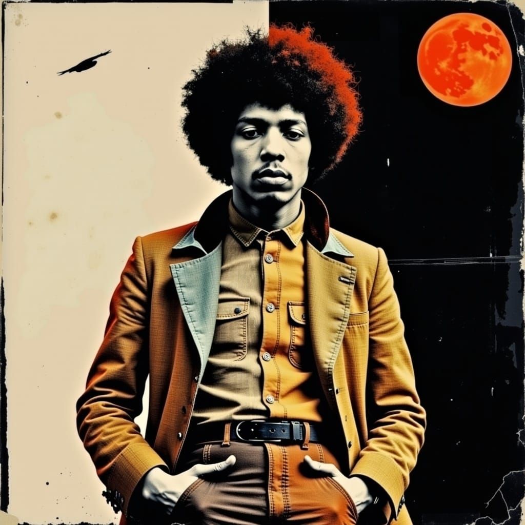 Psychedelic Jimi Hendrix Portrait in Art Nouveau Collage