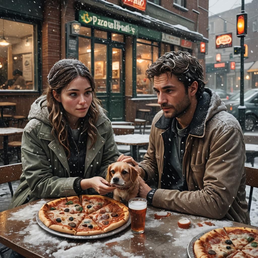 Couple Enjoying Pizza in Light Snow, Hyperrealistic Art