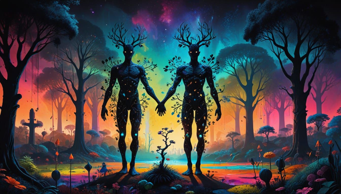 Surreal Garden with Ents in Flat Design