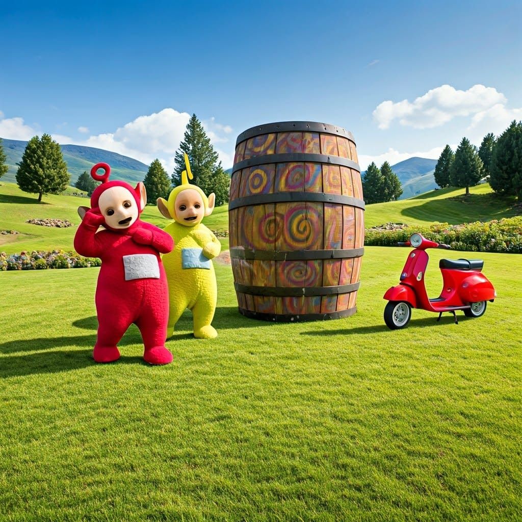 Whimsical Teletubbies in a Vibrant, Surreal Landscape
