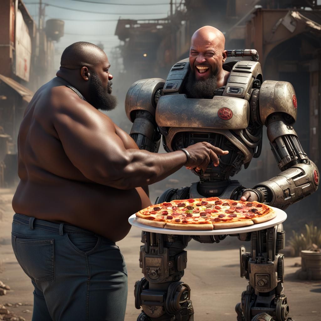 Man and Robot Share Pizza, Detailed Digital Art