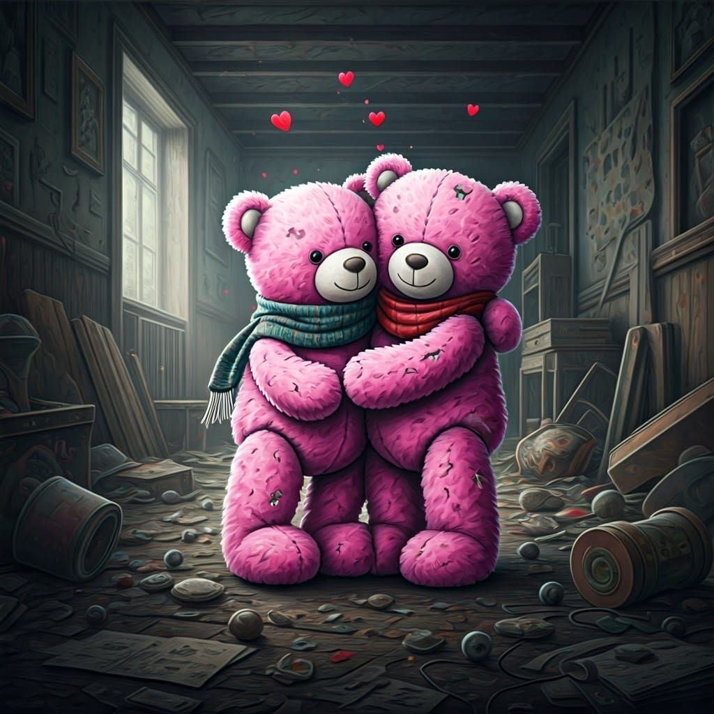 Pink Teddy Bears Comfort Each Other in Messy Home