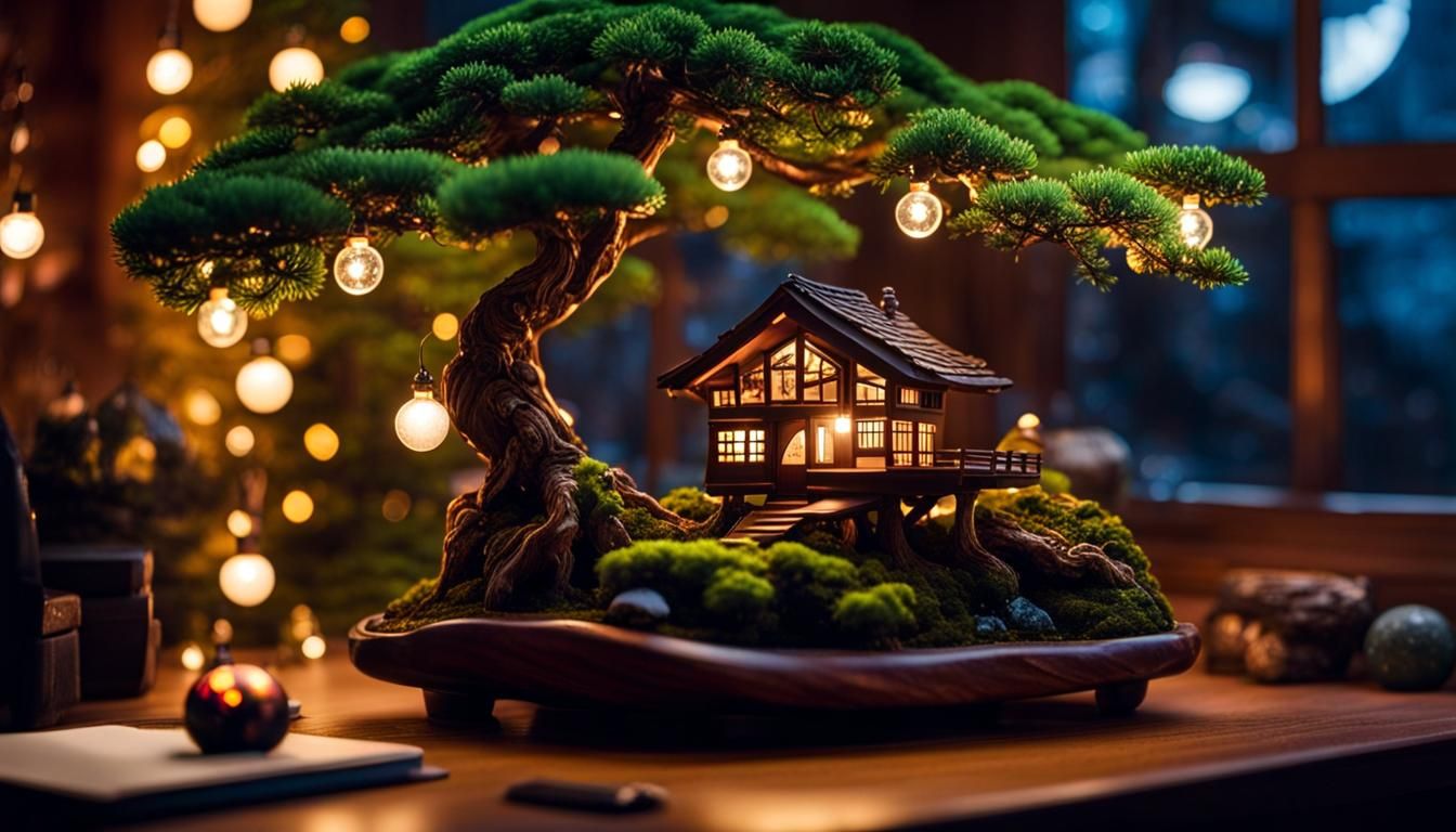 Psychedelic Bonsai Christmas Tree Under Starry Sky