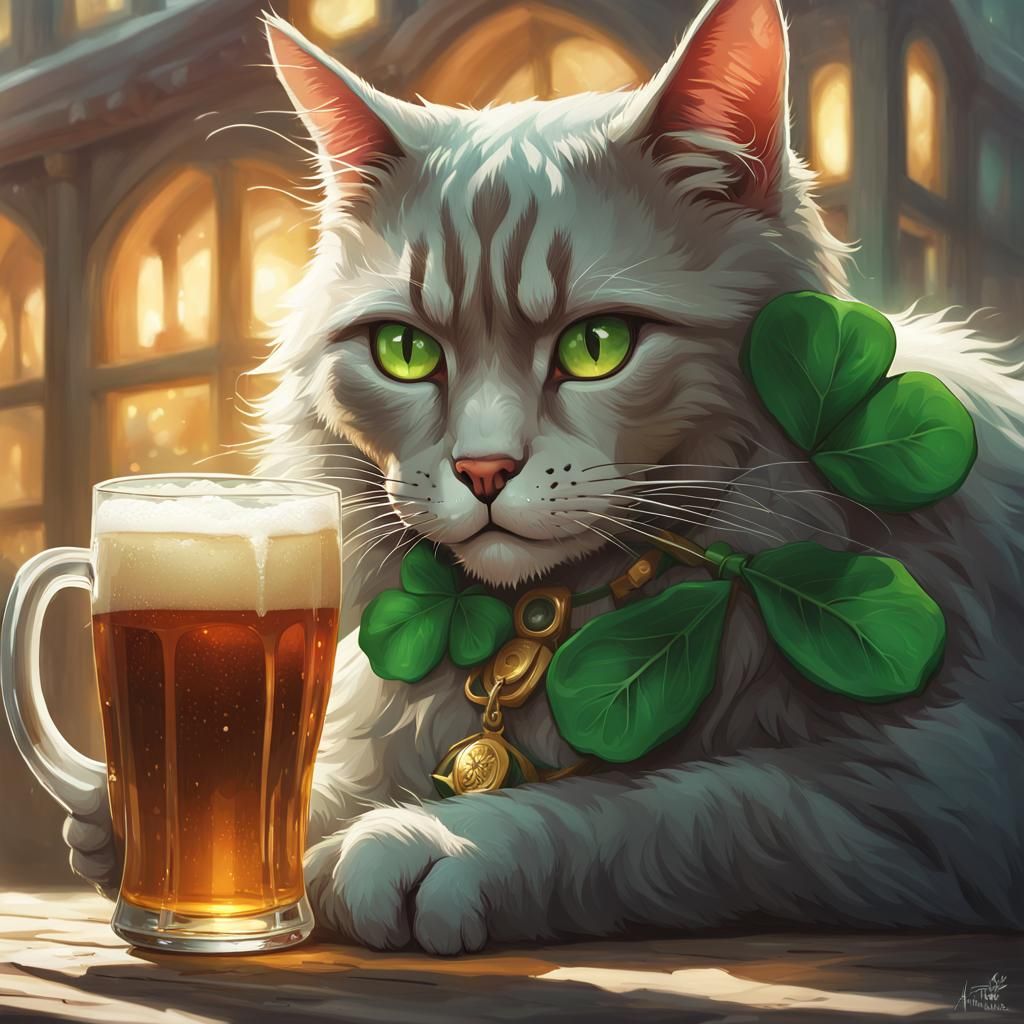 Hyperdetailed Cat Portrait Drinking Beer, Dynamic Lighting