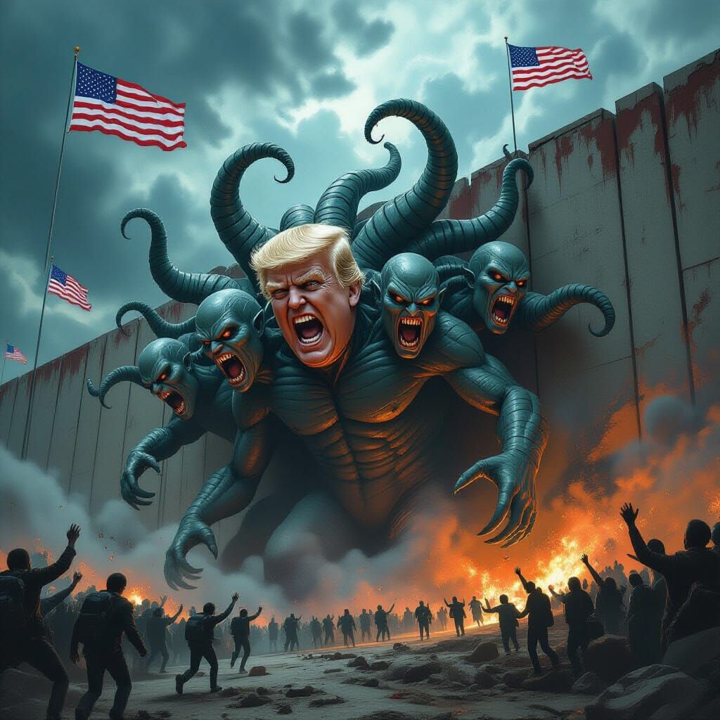 Seven-Headed Trump Hydra Near Border Wall
