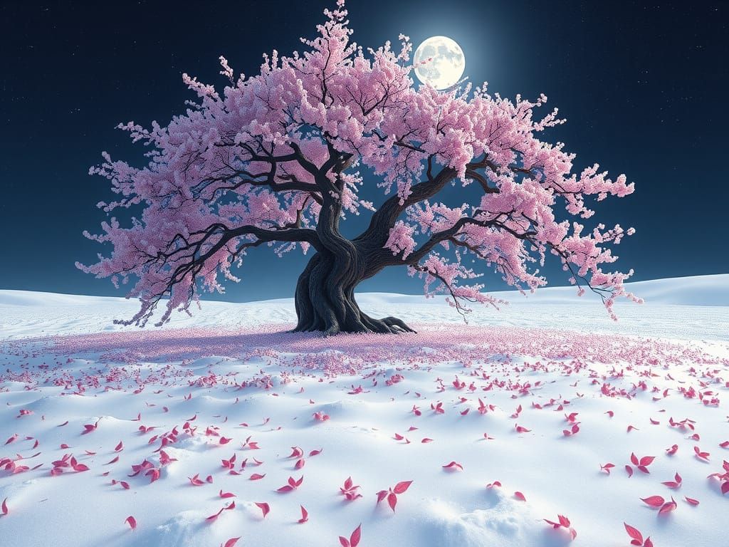 Ethereal Sakura Tree Illuminated by Moonlight in a Snowy Fie...