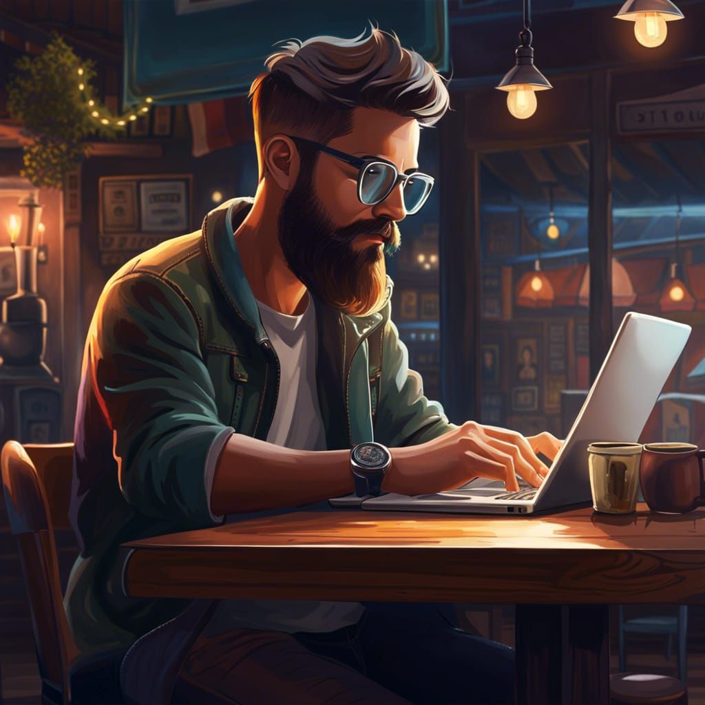 Hipster Man Working at Night as Splash Art