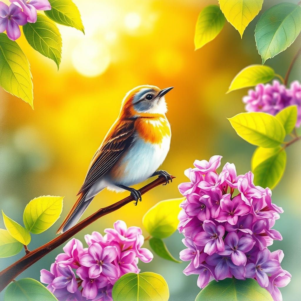 Whimsical Lilac Branch Scene in Dreamy Watercolor Style