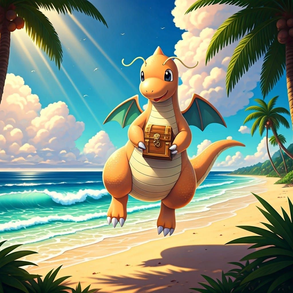 Dragonite Soaring Over Tropical Beach, Treasure in Hand