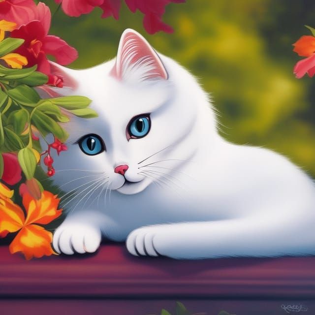 Elegant White Cat in Disney Cartoon Style