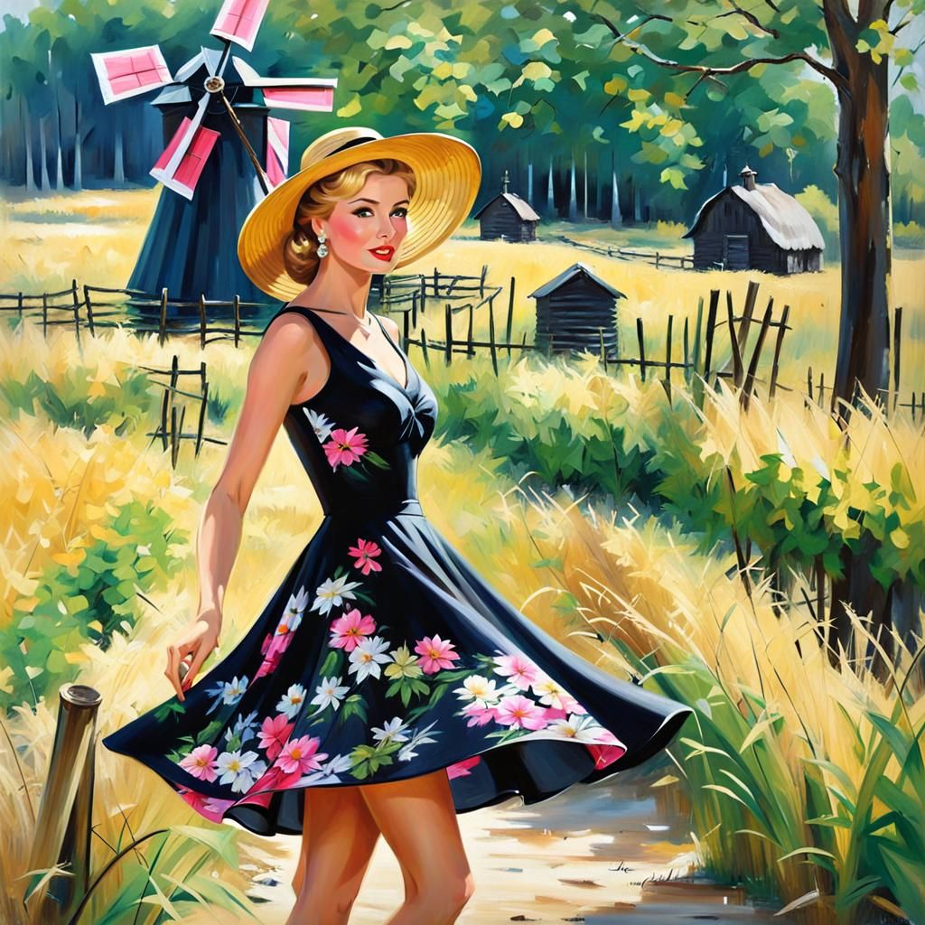 Fashionable Girl in Summer Hat, Oil Painting Style