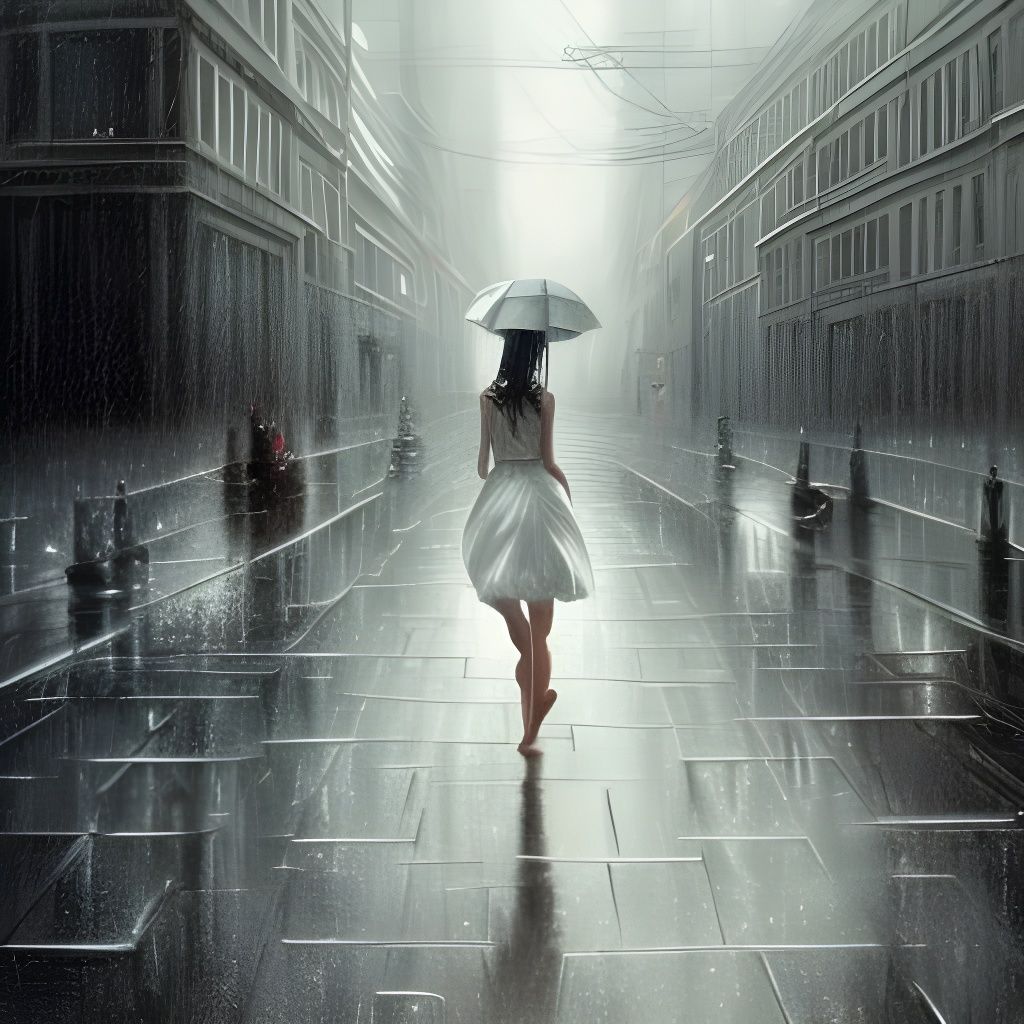 Girl Dances in Rainy Street: Dark Fantasy Concept Art