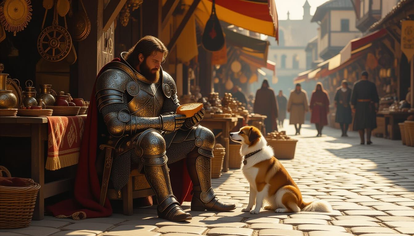Knight Shares Bread with Stray Dog in Medieval Marketplace