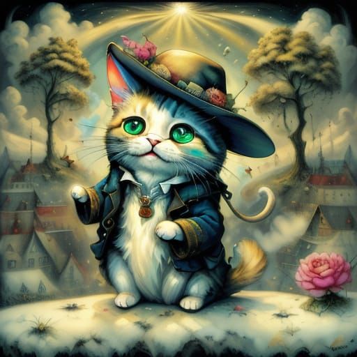 Humorous Fluffy Cat Parachuting in Surreal Oil Painting