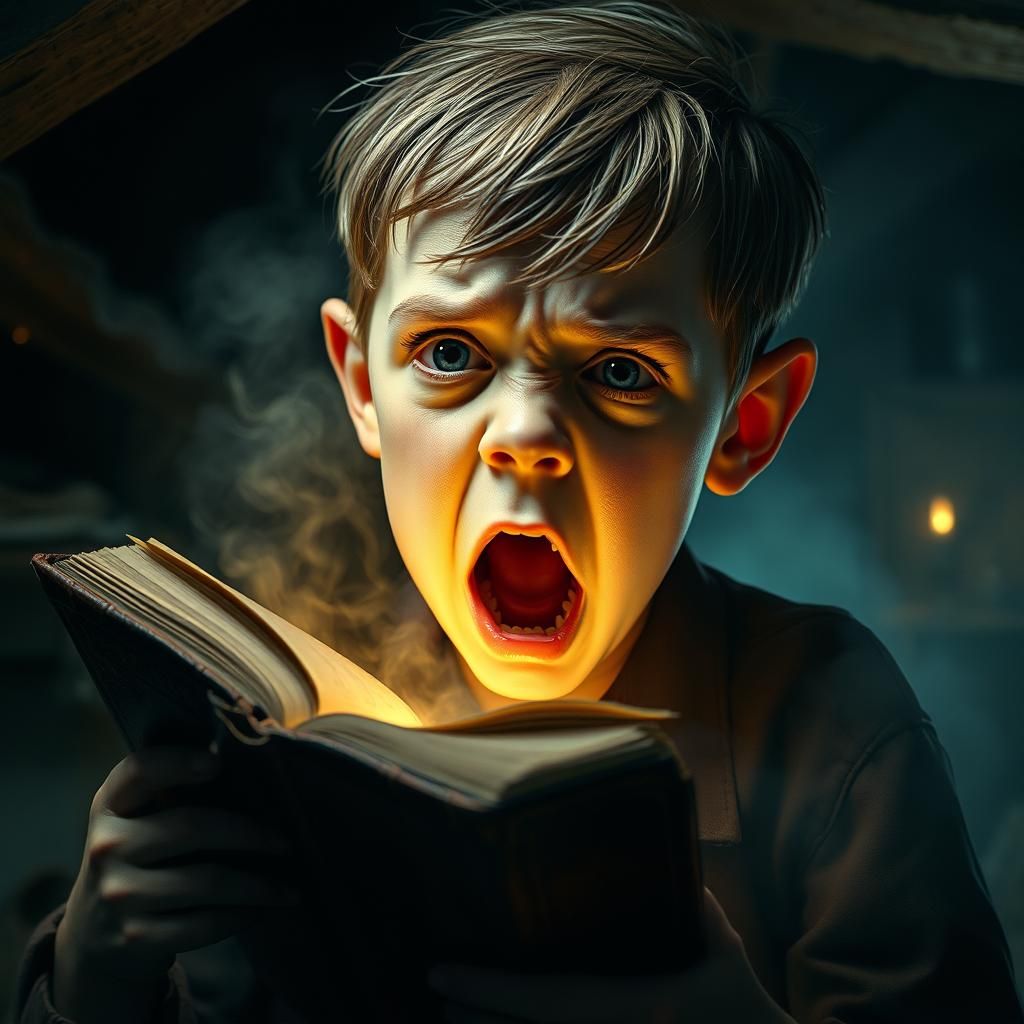 Boy Consumed by Cursed Book in Expressionist Style