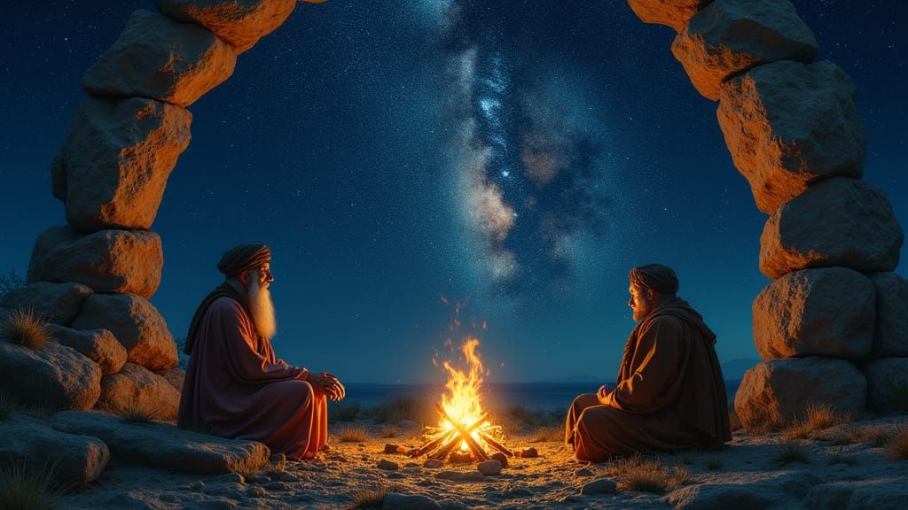 Shaman and Philosopher by Campfire Under Starry Dolmen Arch
