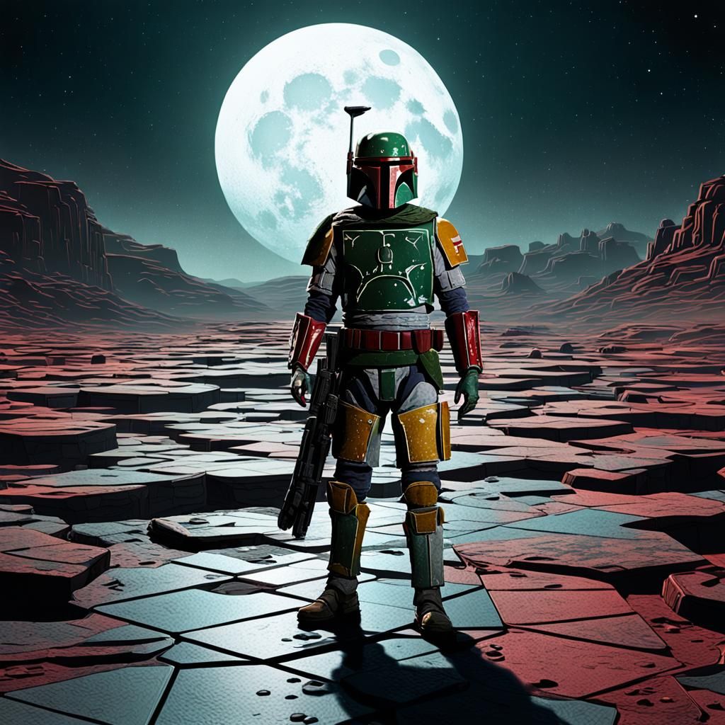 Boba Fett in Clowncore Style on Moonlit Landscape