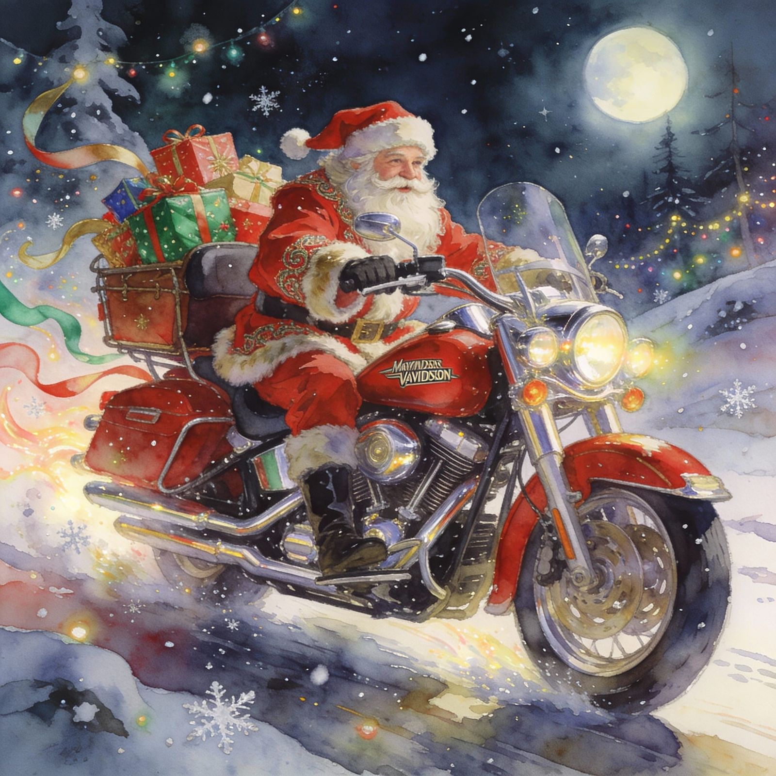 Santa Rides Harley Through Winter Wonderland