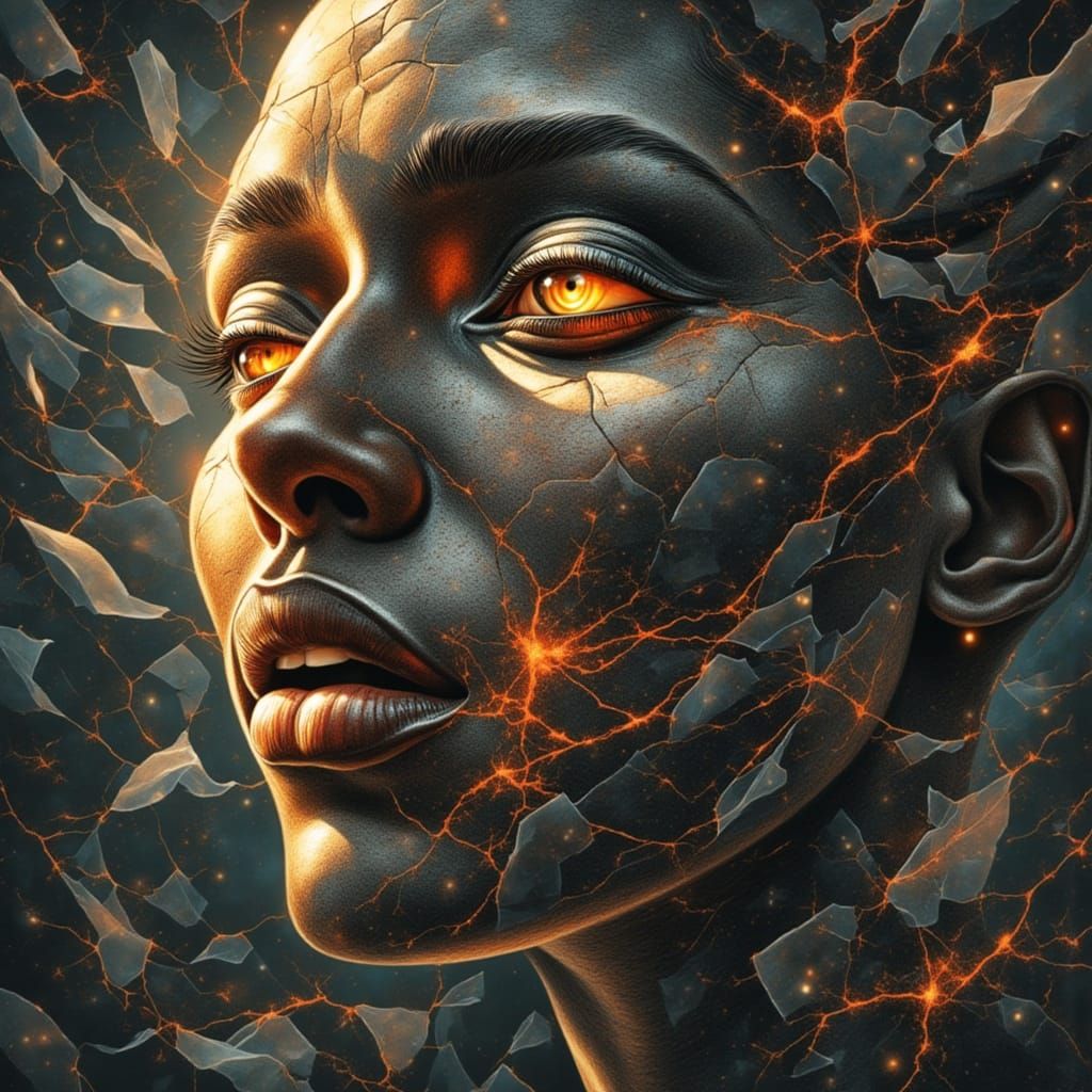 Fractured Black Face with Galaxies and Fire