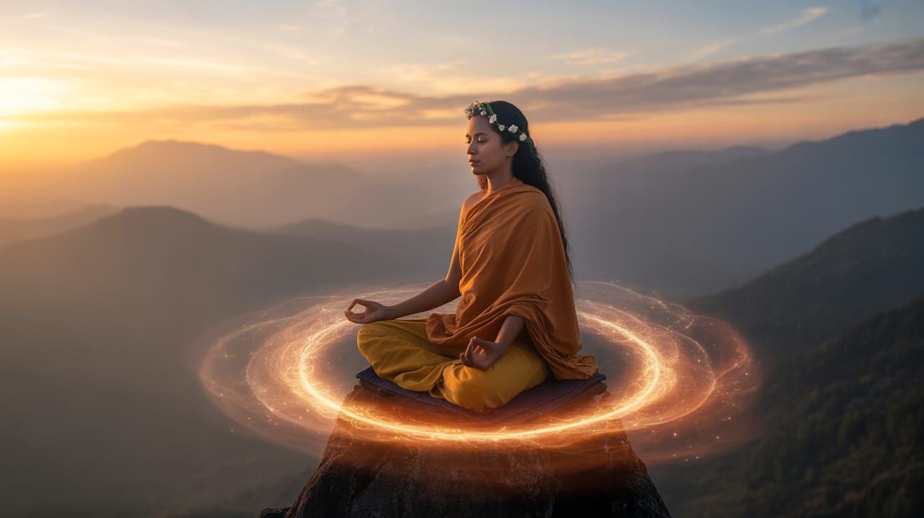 Serene Hindu Monk Levitating at Sunrise