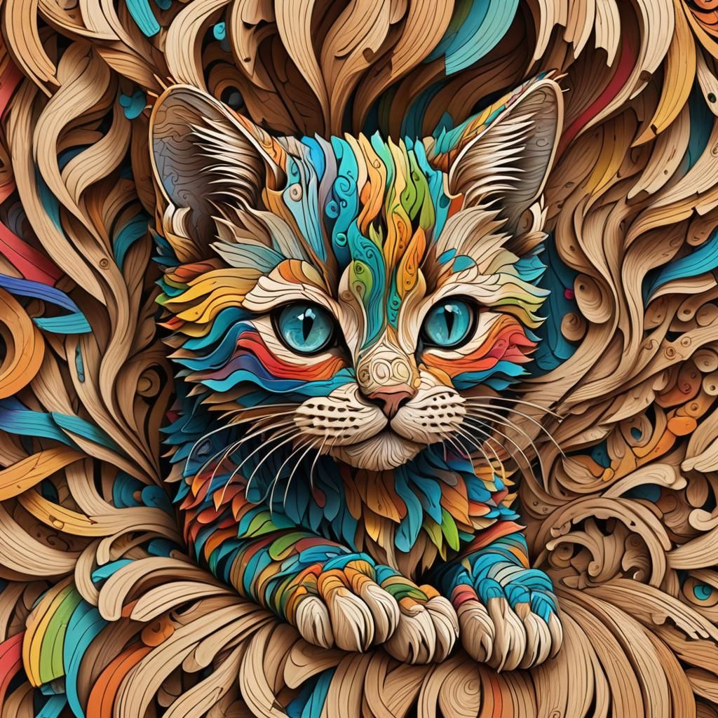 Rainbow Kitten Sculpture with Abstract Fractal Design
