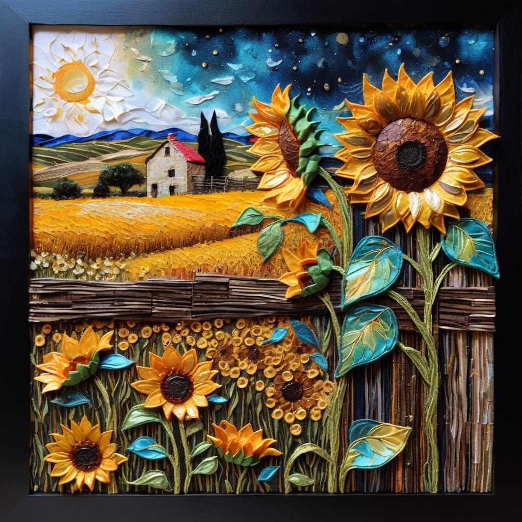 Sunflowers by Rustic Fence: A Mixed Media Masterpiece