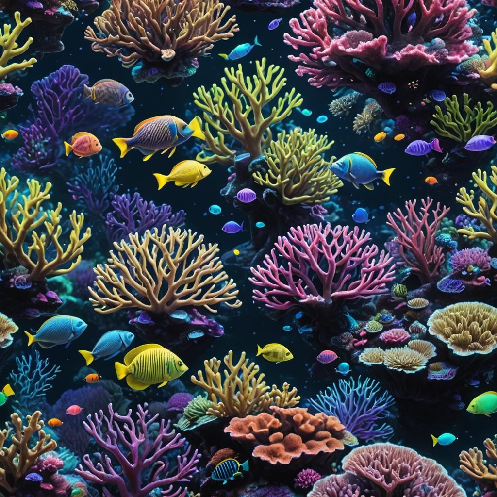 Bioluminescent Coral Reef with Dark Fish in Unreal Engine 5