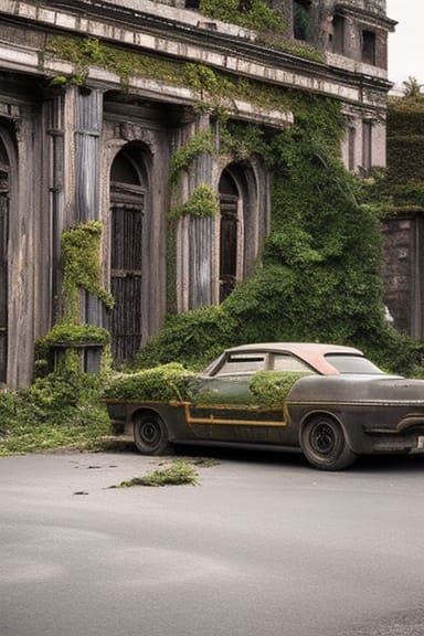 ancient dark spooked abandonned city, ivy overtaking car