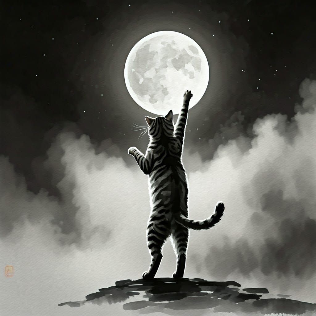 Mysterious Moonlit Feline in Ink Wash Painting