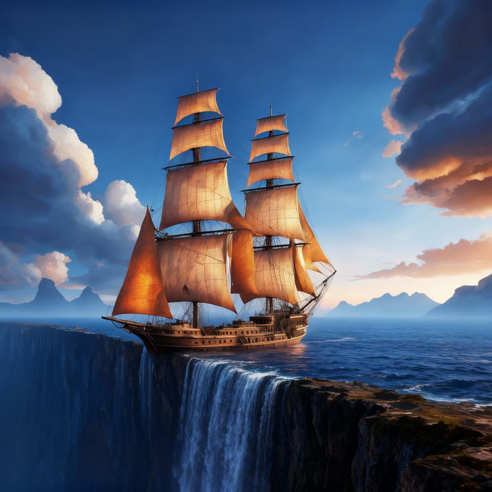 Amber Clipper Ship on Indigo Ocean