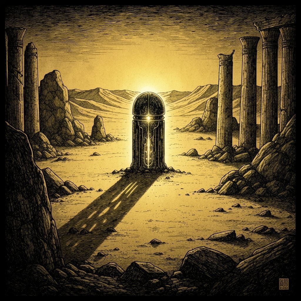 Eerie Cursed Artifact in Desert Ruins, Ancient Illustration