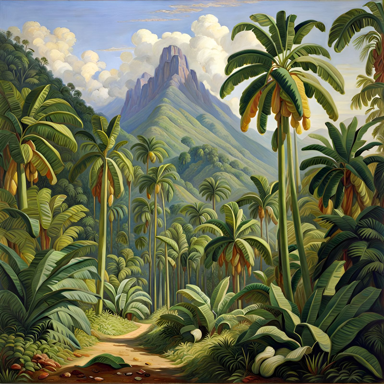 Tropical Mountain Landscape in Botanical Art Style