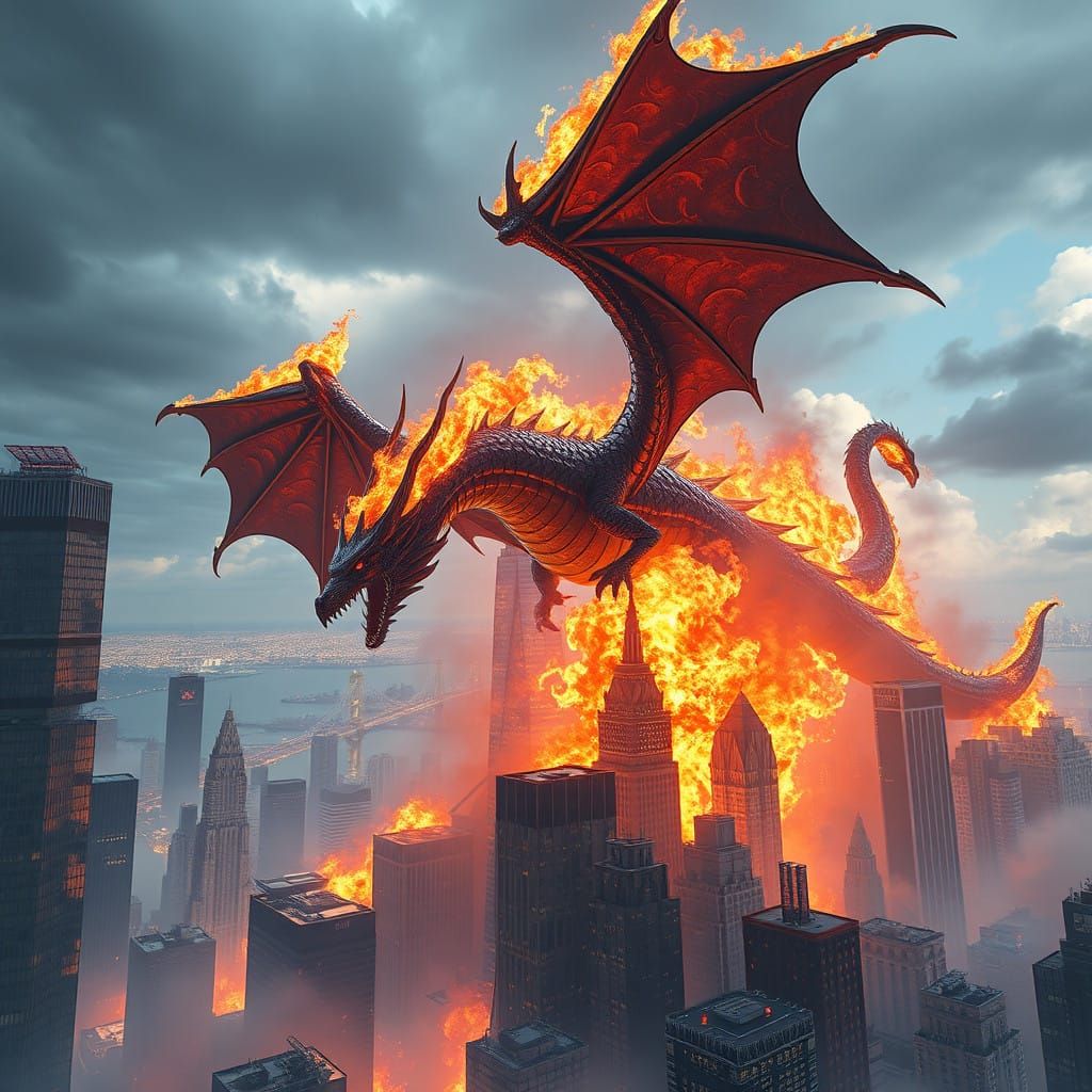 Cyberpunk Dragon Devastates Manhattan in Fiery Inferno