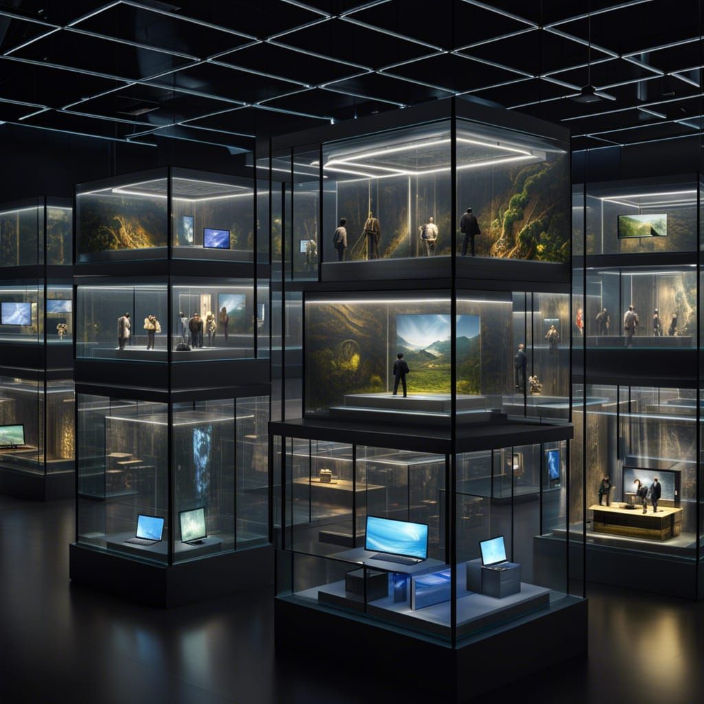 People and Laptops in Glass Cubes: Dark Fantasy Art